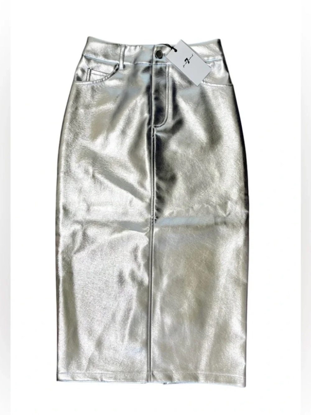 NWT 7 For All Mankind Metallic Silver Faux Leather Midi Skirt XS
